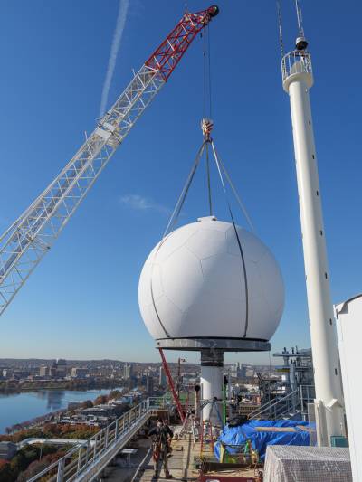 Installation of the new radome on November 5, 2022. Taken by Ron Hoffmann, N1XU. Installation of the new radome on November 5, 2022. Taken by Ron Hoffmann, N1XU.